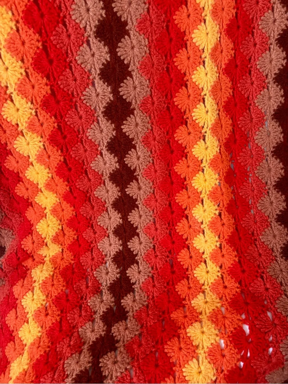 Vintages 70s crochet throw blanket warm tones orange brown yellow home decor